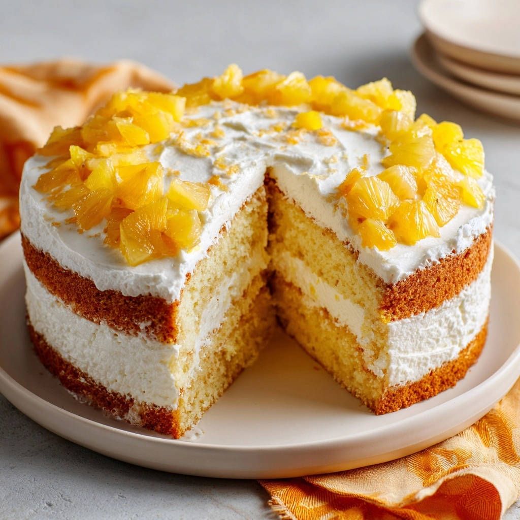 Saftiger Ananaskuchen mit leichter Creme im Querschnitt, dekoriert mit Ananasstücken und Kokosraspeln.