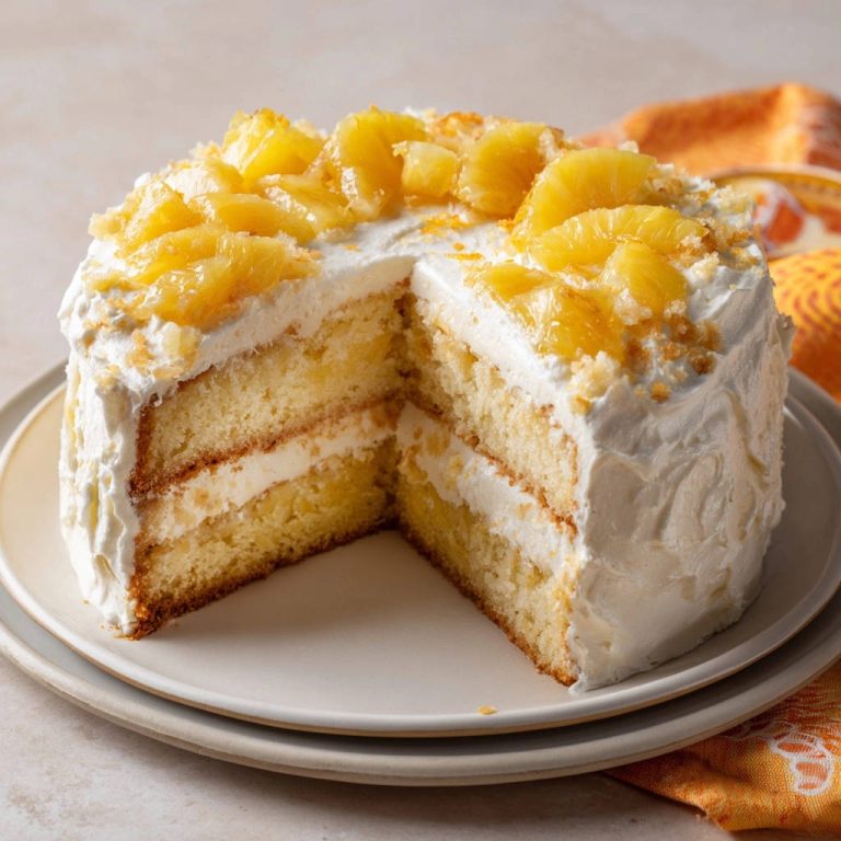 Saftiger Ananaskuchen mit leichter Creme, angeschnitten und mit frischen Ananasstücken garniert, zeigt die flaumige Kuchenschicht.