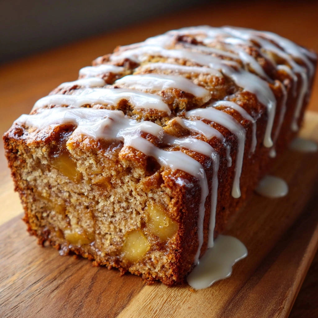 Saftiger Apfel-Zimt-Crumble-Kuchen angeschnitten mit süßer Glasur, die über den Rand tropft.