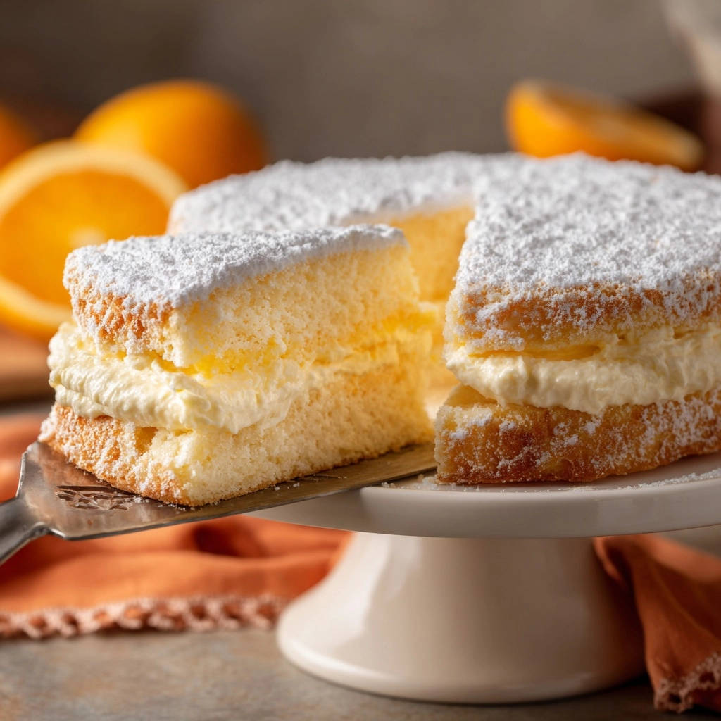 Saftiger Orangen-Biskuitkuchen angeschnitten, zeigt die cremige Füllung und lockere Biskuitböden unter Puderzucker.