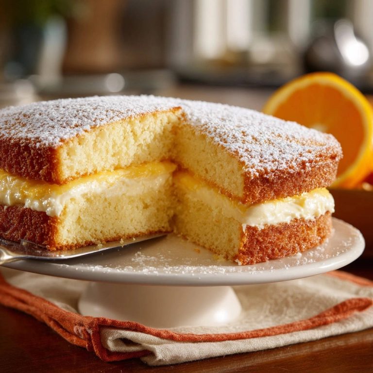Saftiger Orangen-Biskuitkuchen angeschnitten auf einem Tortenständer, zeigt die cremige Füllung und den lockeren Teig