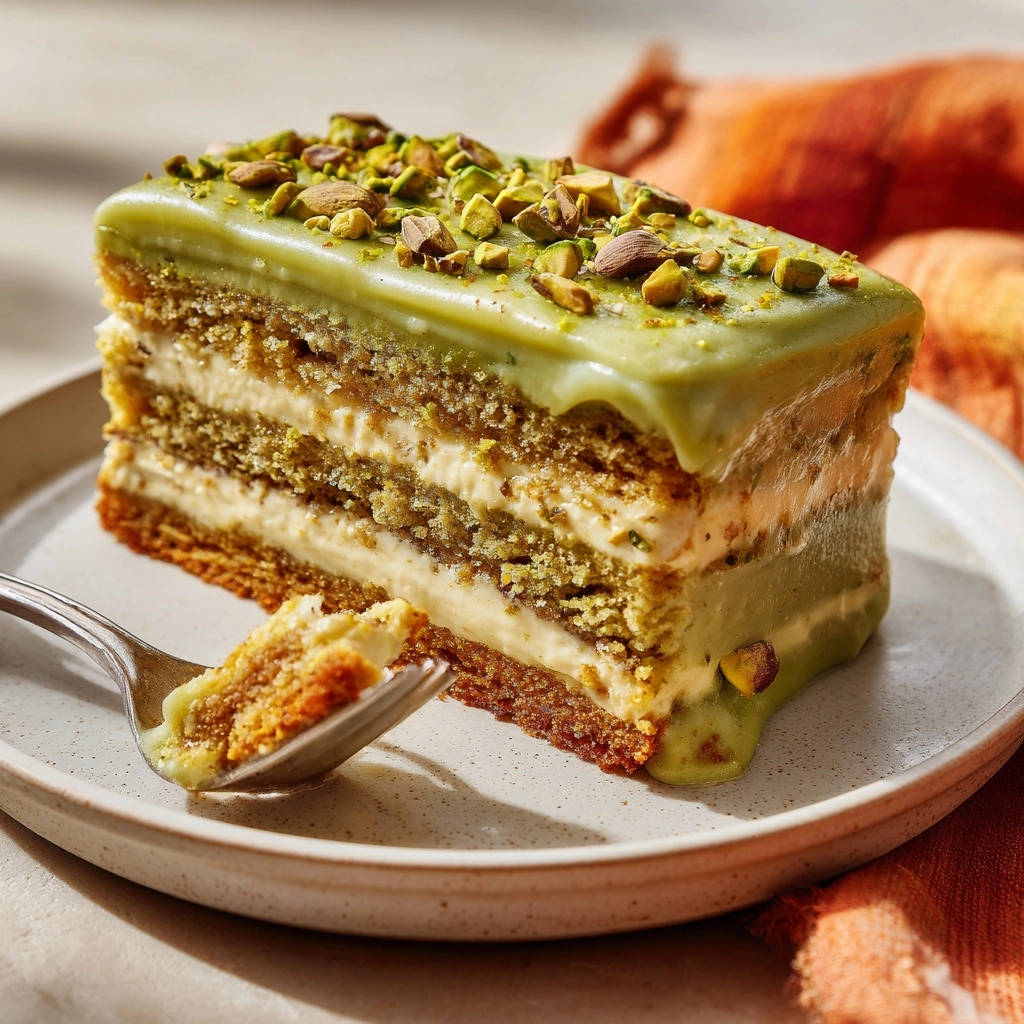 Saftiger Pistazien-Schichtkuchen angeschnitten auf einem Teller mit einer Gabel, die ein Stück entnimmt.