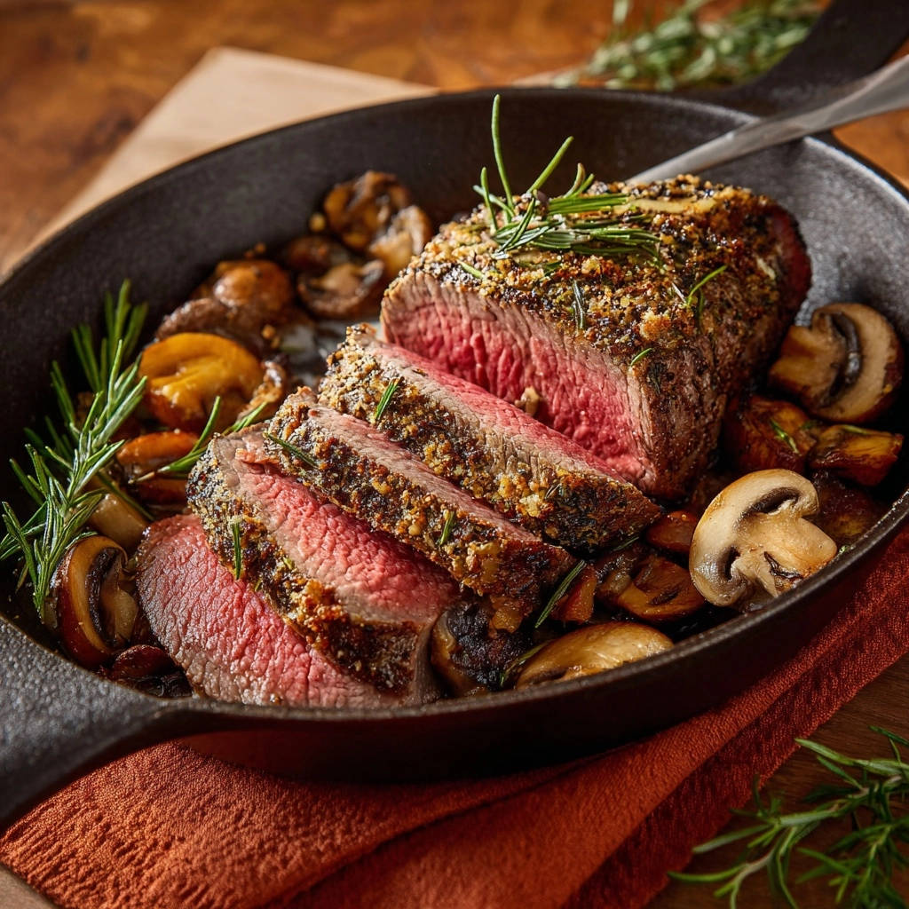 Saftiger Rinderbraten mit Kräuterkruste und Ofenpilzen, angeschnitten, um das saftige Innere zu zeigen.