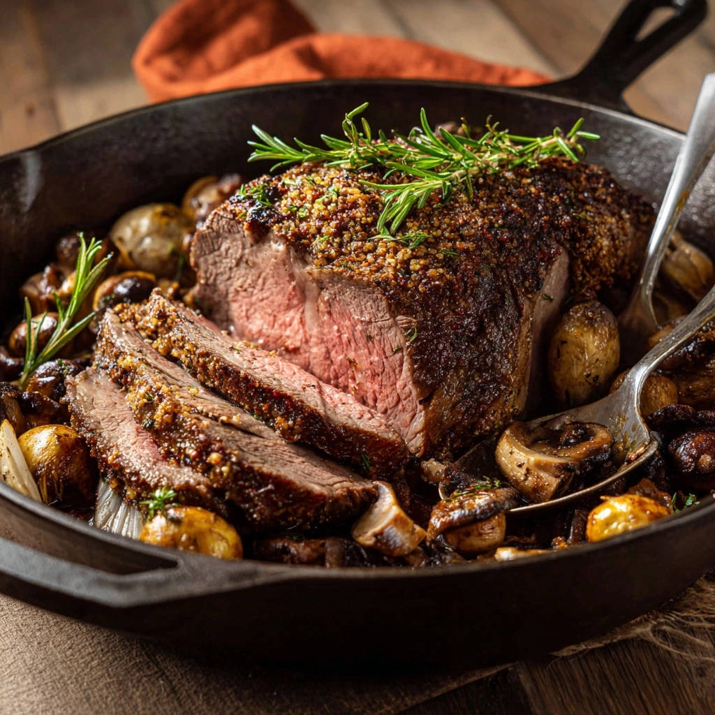 Saftiger Rinderbraten mit Kräuterkruste und Ofenpilzen, angeschnitten und im Gusseisen serviert, mit Rosmarin garniert.