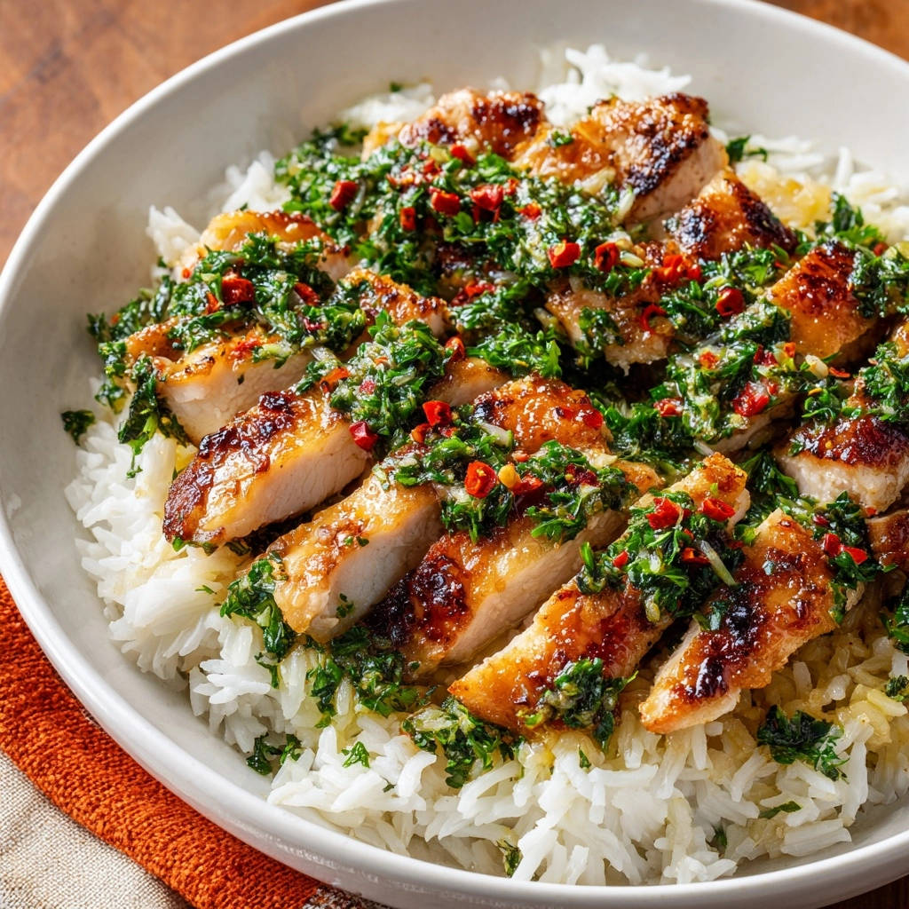 Saftiges Hähnchen mit Kräutersauce und Reis, angeschnitten und mit frischer Kräutersauce übergossen, nahaufnahme.