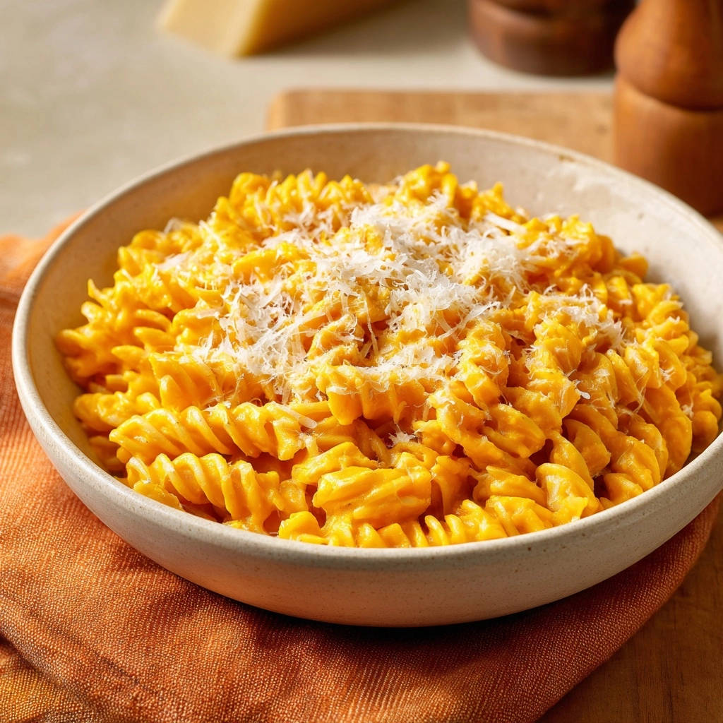 Samtige Käse-Pasta mit Fusilli als Nahaufnahme, garniert mit geriebenem Parmesan in einer Schüssel.