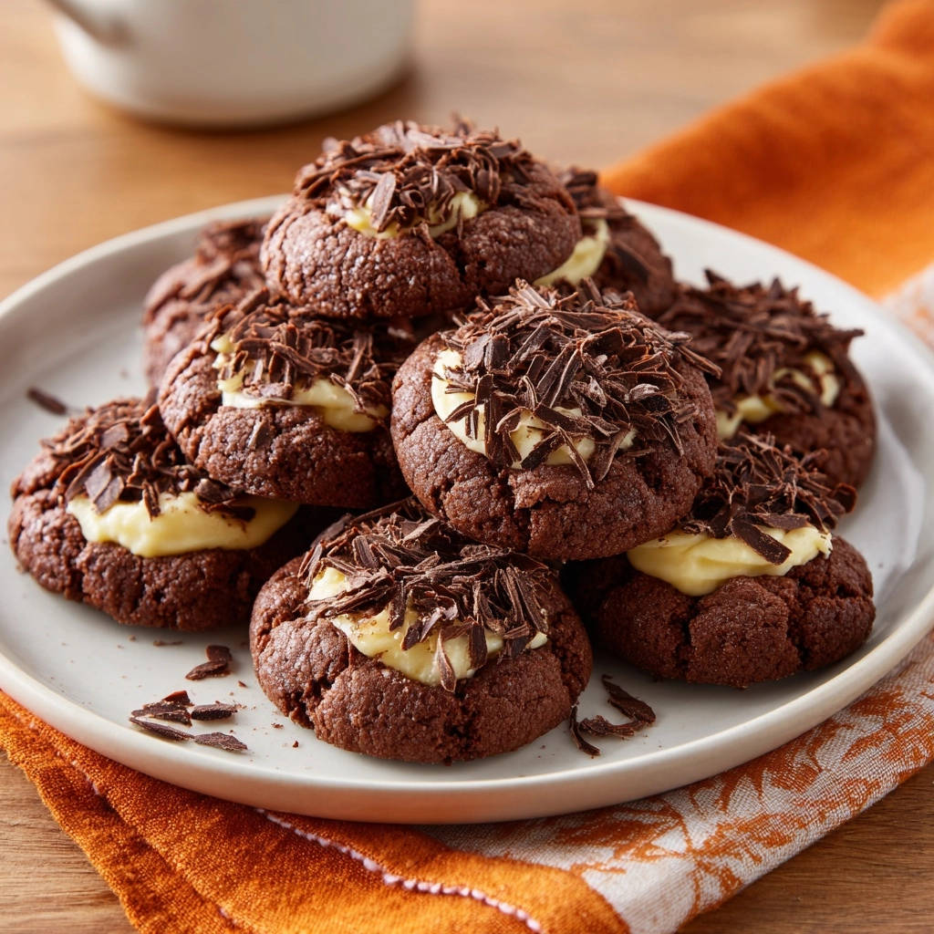 Schoko-Blüten-Cookies mit Vanille-Creme, garniert mit Schokostückchen, auf einem Teller arrangiert