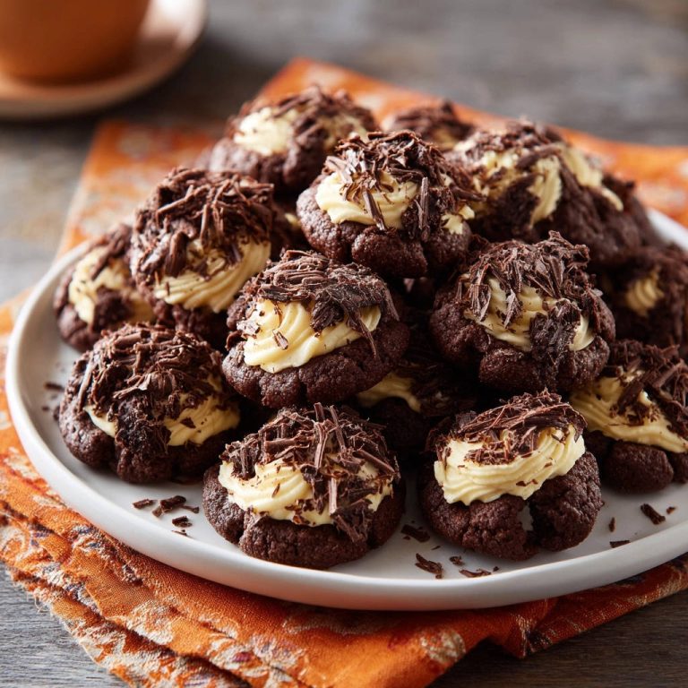 Schoko-Blüten-Cookies mit Vanille-Creme, garniert mit Schokoladenraspeln, auf einem Teller angerichtet