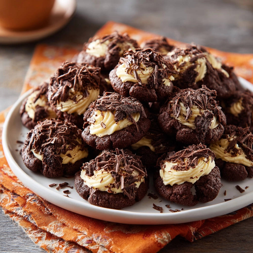 Schoko-Blüten-Cookies mit Vanille-Creme, garniert mit Schokoladenraspeln, auf einem Teller angerichtet