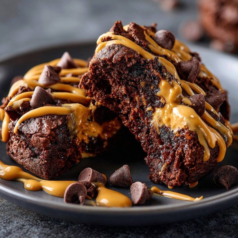 Super-Schoko-Brownies mit Erdnussbutter, angeschnitten und nah aufgenommen, mit sichtbarer Erdnussbutterfüllung und Schokostückchen.