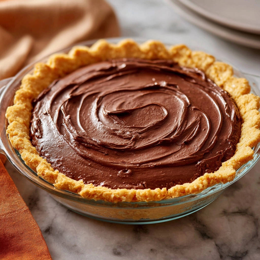 Luxuriöse Schoko-Creme-Torte Nahaufnahme der goldbraunen, welligen Kruste in einer Glasform.