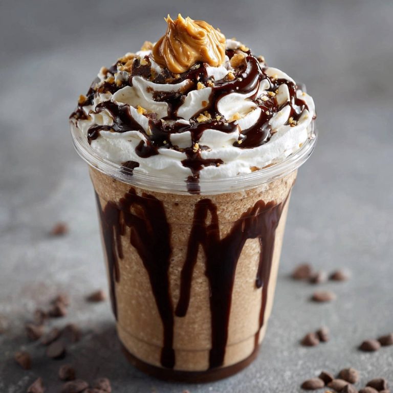 Schoko-Erdnuss-Traum Frappé, garniert mit Schlagsahne, Schokoladensauce und Erdnussbutter-Swirl.