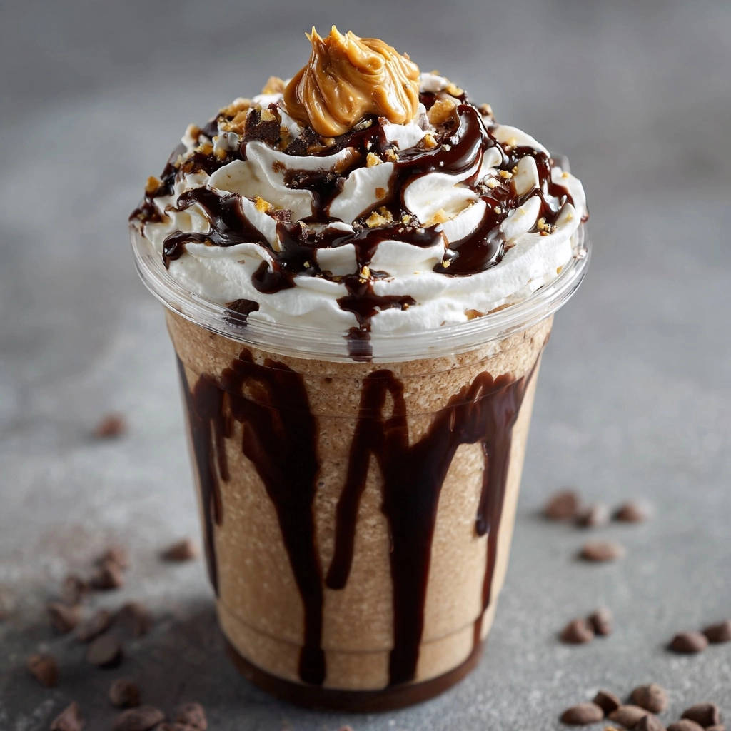 Schoko-Erdnuss-Traum Frappé, garniert mit Schlagsahne, Schokoladensauce und Erdnussbutter-Swirl.
