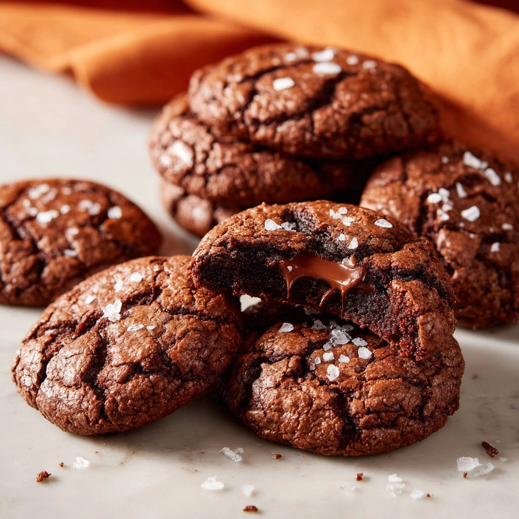 Schoko-Fudge-Cookies mit Fleur de Sel angeschnitten und mit geschmolzenem Kern, der ausläuft