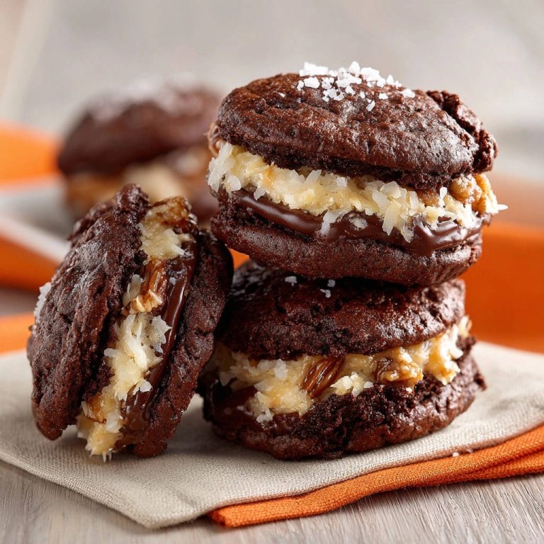 Süße Schoko-Kokos-Whoopie Pies als Stapel nah aufgenommen, mit Kokosfüllung und Schokolade, bestreut mit Meersalz.