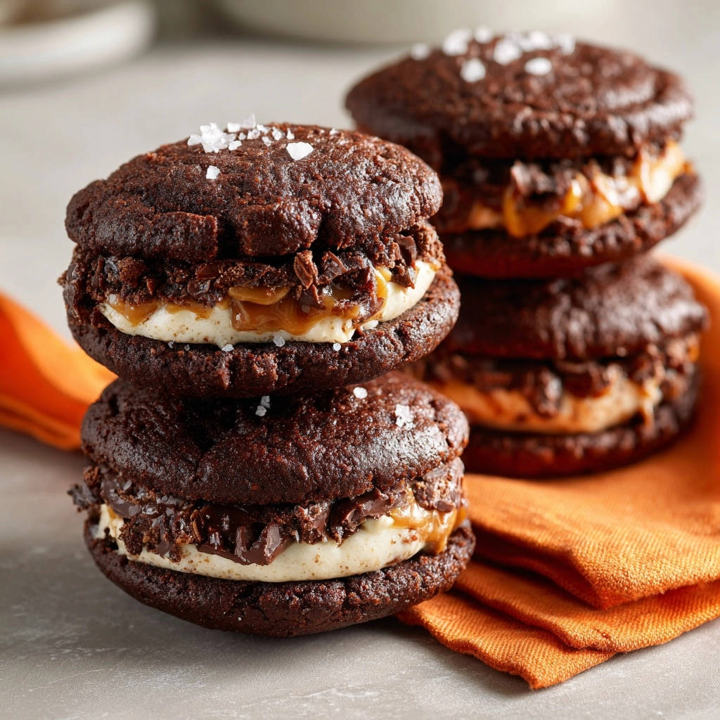 Süße Schoko-Kokos-Whoopie Pies als Nahaufnahme eines gestapelten Desserts mit cremiger Füllung.