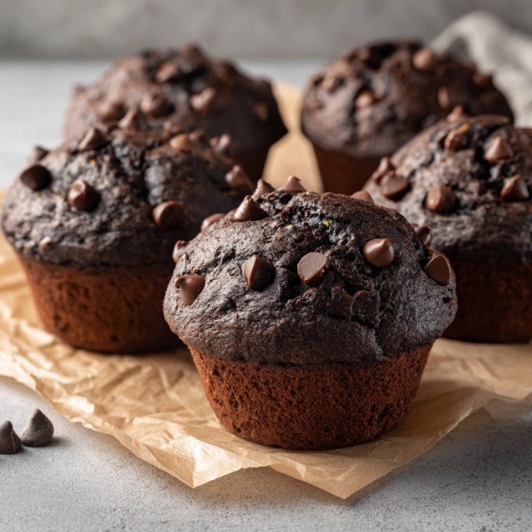 Die Saftigsten Schoko-Muffins der Welt, nahaufnahme mit sichtbaren Schokostückchen auf der Oberfläche.