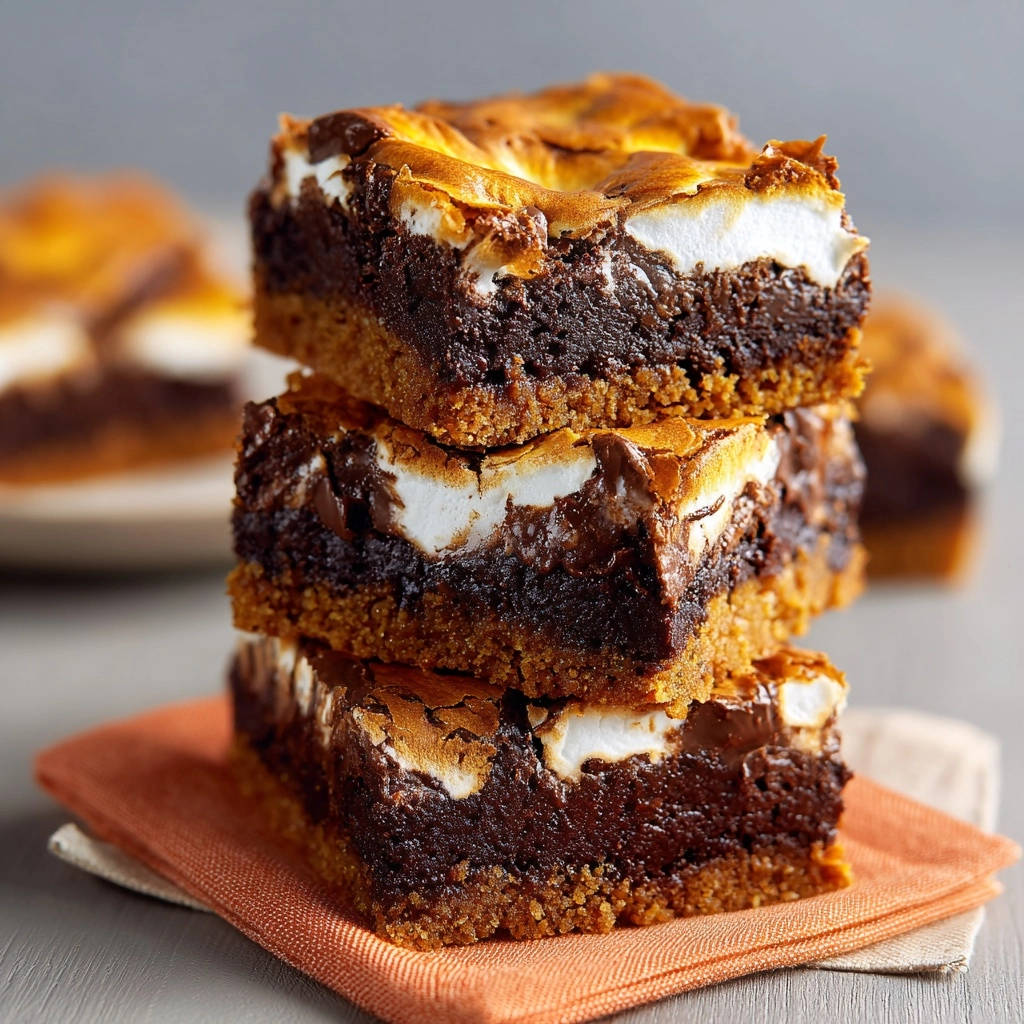 Saftige S'mores Brownies im Stapel, mit geschmolzenem Marshmallow und Schokoladenkern, Nahaufnahme.