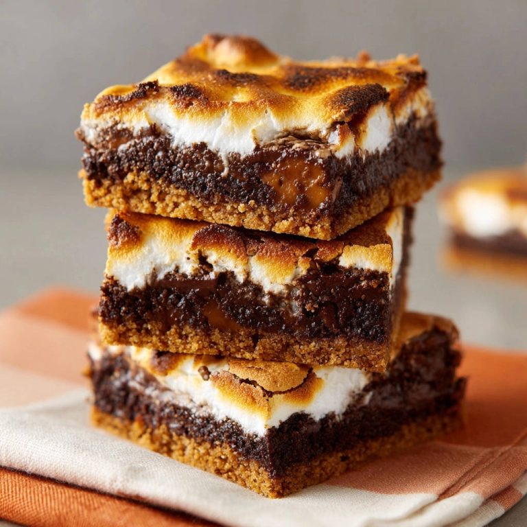 Saftige S'mores Brownies gestapelt in einer Nahaufnahme mit geschmolzenem Marshmallow und karamellfarbener Füllung.