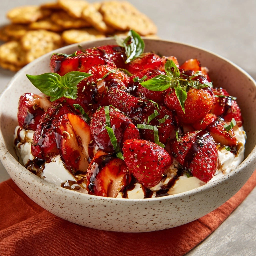 Sommerliche Erdbeer-Frischkäse-Bowl mit Balsamico-Glasur und frischen Basilikumblättern, detailreich garniert.