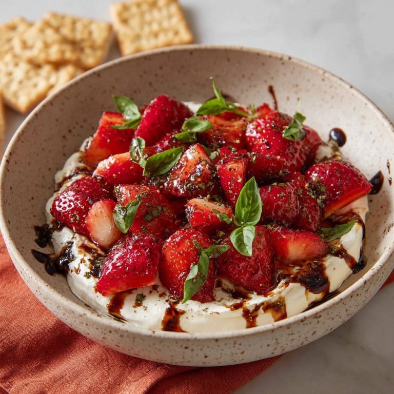 Sommerliche Erdbeer-Frischkäse-Bowl, garniert mit frischem Basilikum und Balsamico-Glasur, serviert in einer Schüssel.