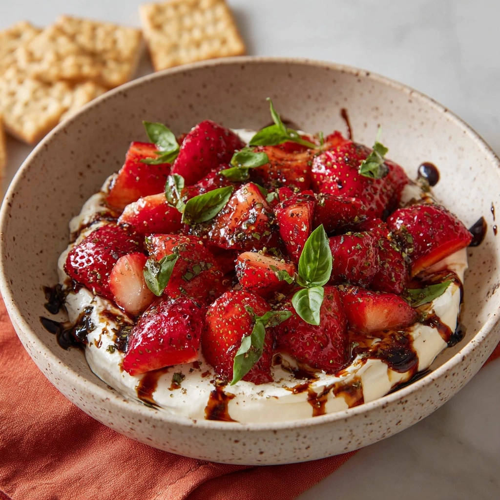 Sommerliche Erdbeer-Frischkäse-Bowl, garniert mit frischem Basilikum und Balsamico-Glasur, serviert in einer Schüssel.