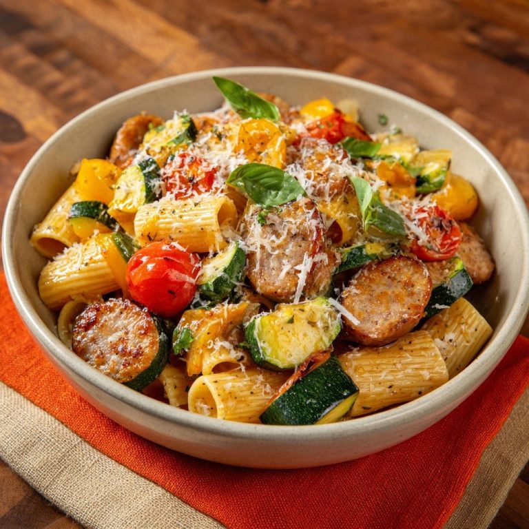 Sonnige Sommerpasta mit Wurst und Gemüse als Nahaufnahme, garniert mit Parmesan und Basilikum.