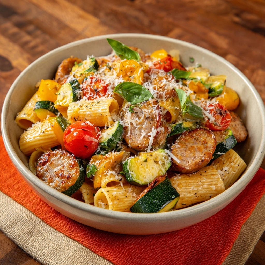Sonnige Sommerpasta mit Wurst und Gemüse als Nahaufnahme, garniert mit Parmesan und Basilikum.
