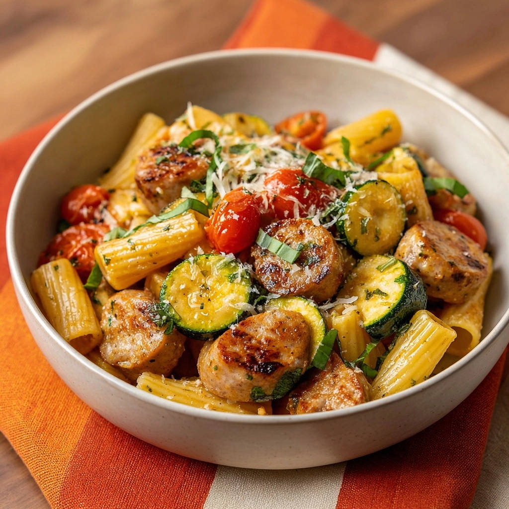 Sonnige Sommerpasta mit Wurst und Gemüse als Nahaufnahme in einer Schüssel mit frischen Kräutern und geriebenem Käse garniert.