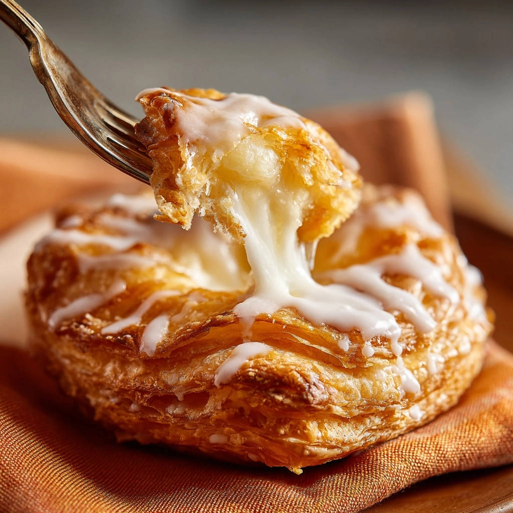 Süße Blätterteig-Taschen mit Vanille-Frischkäse-Füllung, eine Gabel hebt ein Stück heraus und zeigt die cremige Füllung.