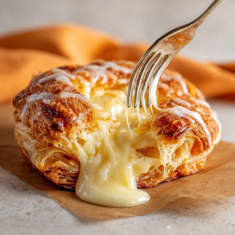 Süße Blätterteig-Taschen mit Vanille-Frischkäse-Füllung, die von einer Gabel herausgezogen werden und die cremige Füllung zeigen.