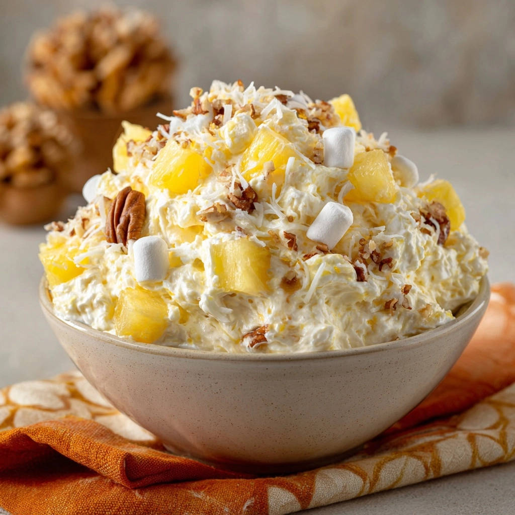 Sunshine Fluff Salat im Detail mit Kokosraspeln, Pekannüssen und Marshmallows garniert