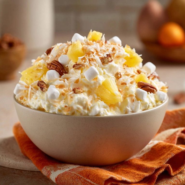 Sunshine Fluff Salat als Nahaufnahme mit Ananas, Kokos und Marshmallows garniert in einer Schüssel.