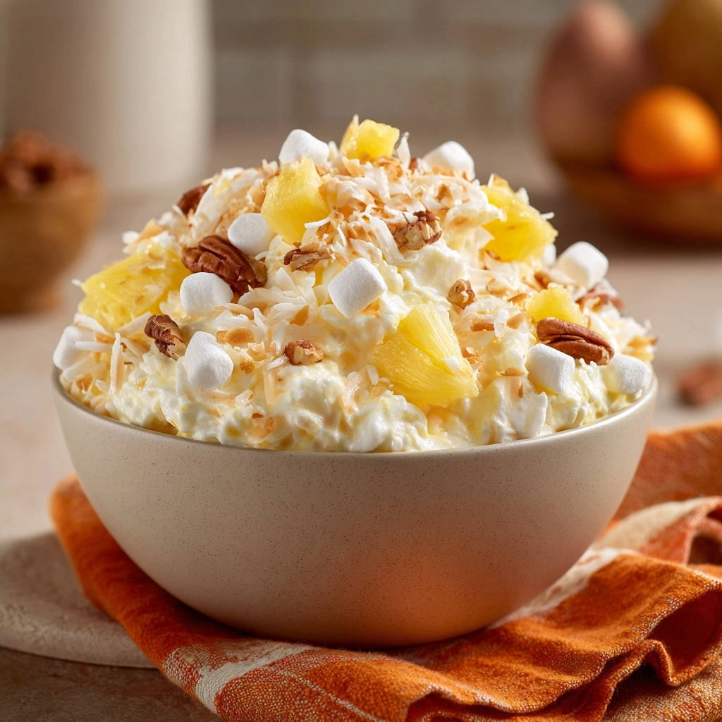 Sunshine Fluff Salat als Nahaufnahme mit Ananas, Kokos und Marshmallows garniert in einer Schüssel.