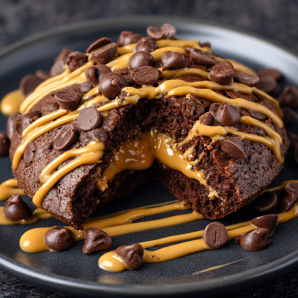 Super-Schoko-Brownies mit Erdnussbutter angeschnitten, zeigen eine cremige Erdnussbutterfüllung und Schokoladenstückchen.
