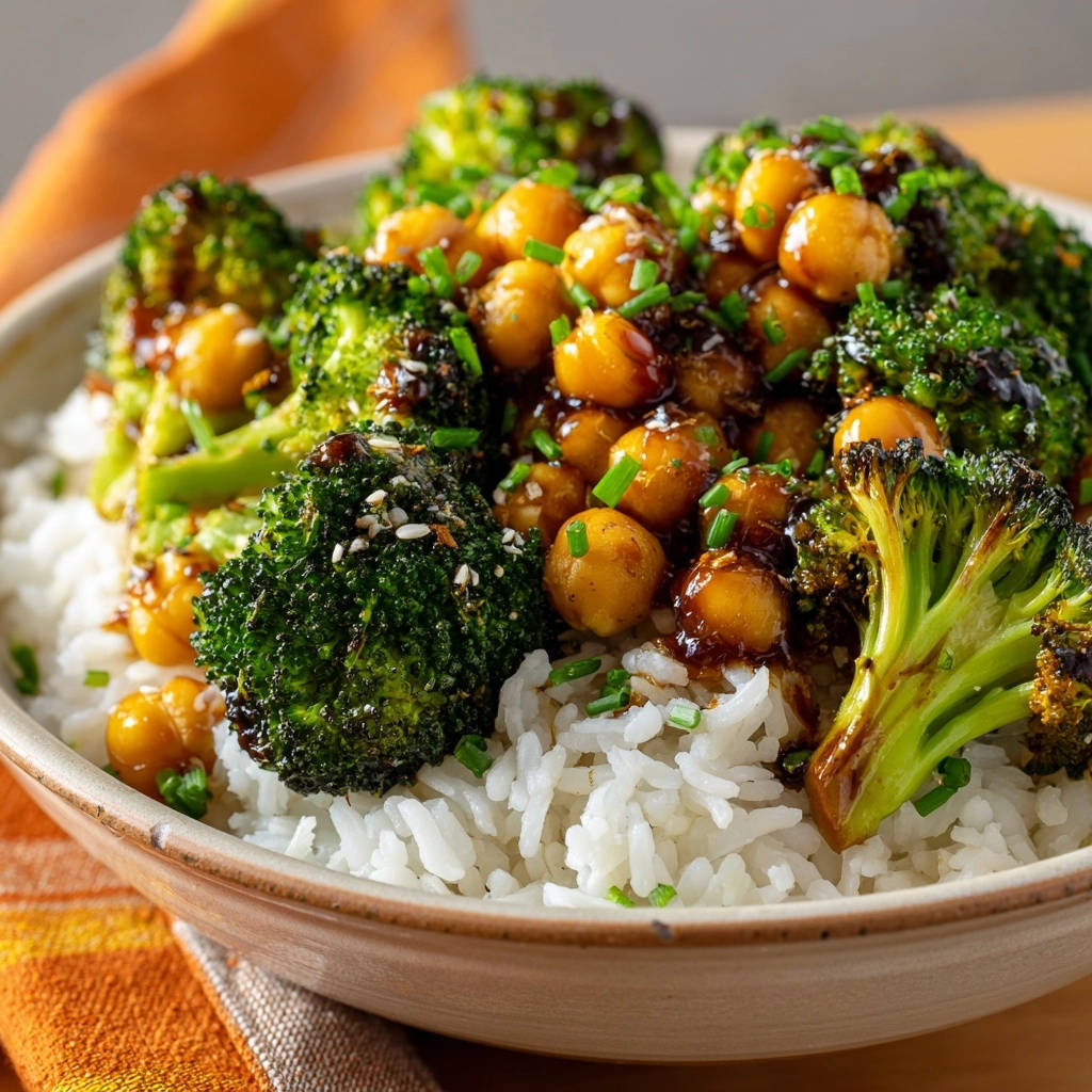 Knusprige Teriyaki-Brokkoli-Kichererbsen-Bowl, nahaufnahme der glasierten Kichererbsen und des knackigen Brokkolis mit Chiasamen und Schnittlauch garniert.