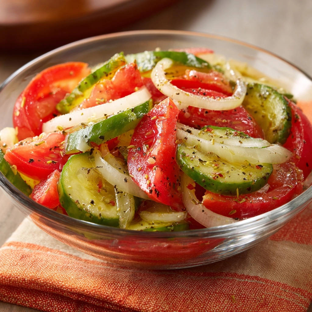 Frischer Tomaten-Gurken-Zwiebel-Salat als Nahaufnahme in einer Glasschüssel, mit Kräutern und Dressing.