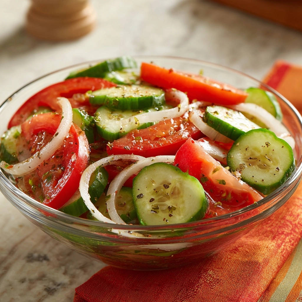 Frischer Tomaten-Gurken-Zwiebel-Salat in einer Glasschüssel, nah aufgenommen mit Gewürzen.