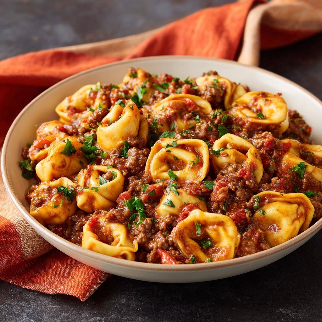 Tortellini mit Saucen-Geheimnis als Nahaufnahme in einer Schüssel mit Hackfleischsauce und Petersilie garniert.