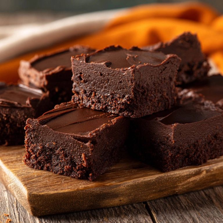 Ultra-Schoko-Brownies im Nahaufnahme-Stapel auf einem Holzbrett mit köstlicher Schokoladenglasur.