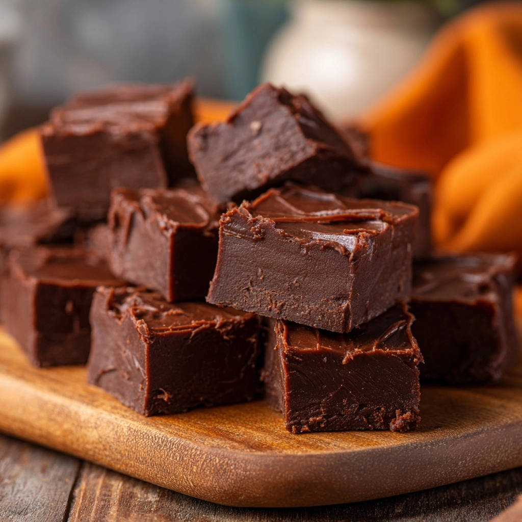 Ultra-Schoko-Brownies als Stapel auf einem Holzbrett, mit einem Fokus auf die fudgy Textur und die dunkle Schokoladenfarbe.