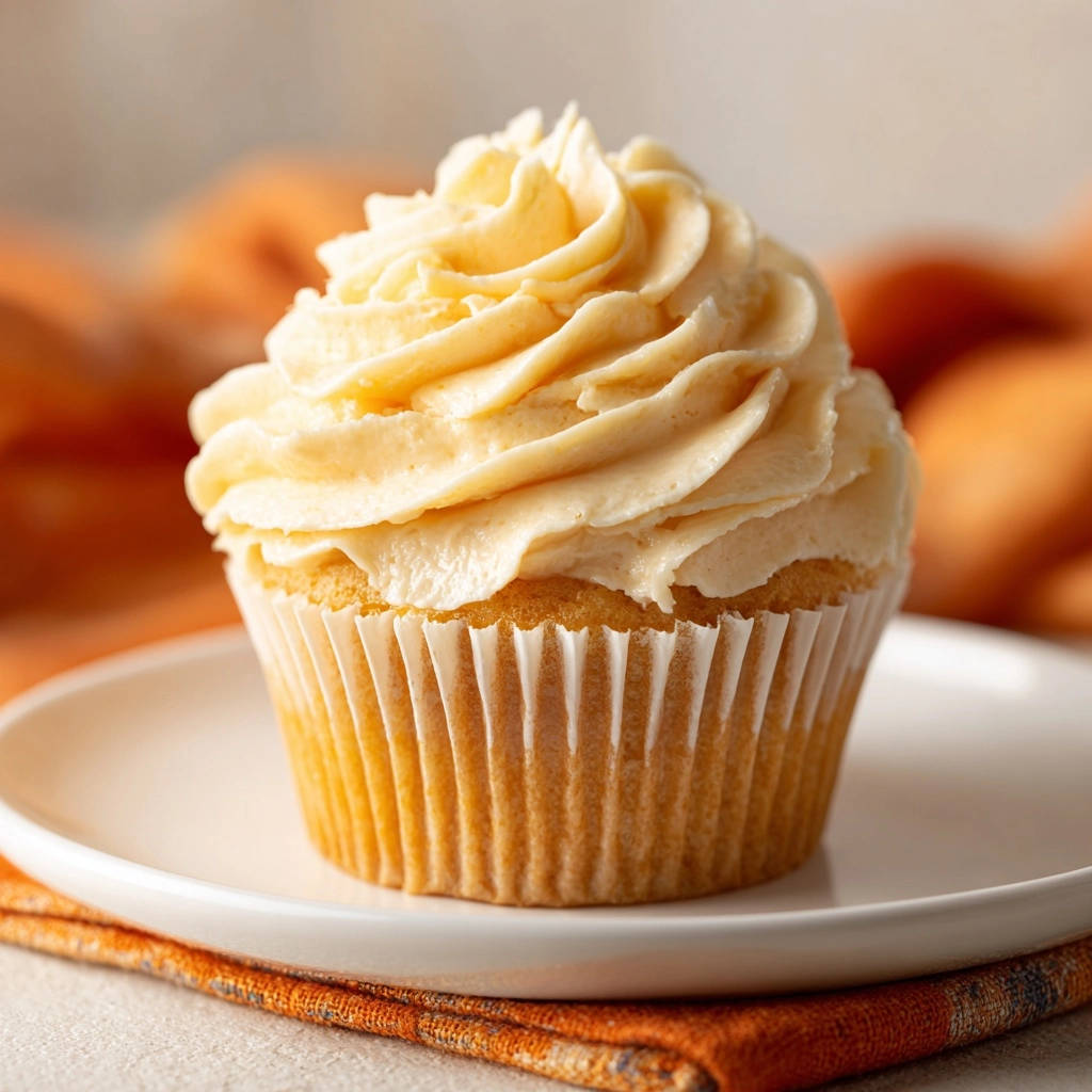 Saftige Vanille Cupcakes, einzeln auf einem weißen Teller mit orangefarbener Serviette serviert, mit cremiger Zuckerguss-Dekoration.