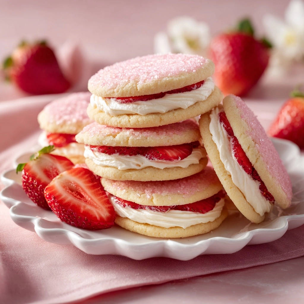 Zarte Erdbeer-Sandwich-Kekse, gestapelt und nah aufgenommen, zeigen die cremige Füllung und frische Erdbeeren.