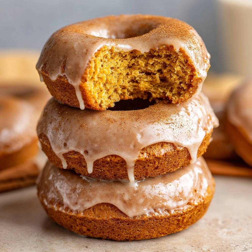 Saftige Zimt-Kürbis-Donuts, gestapelt und mit einem angeschnittenen Donut oben, der saftige Innenseite zeigt.