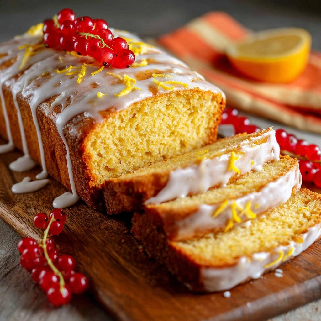 Zitronenkuchen in Kastenform angeschnitten und mit roten Johannisbeeren und Zitronenzesten garniert