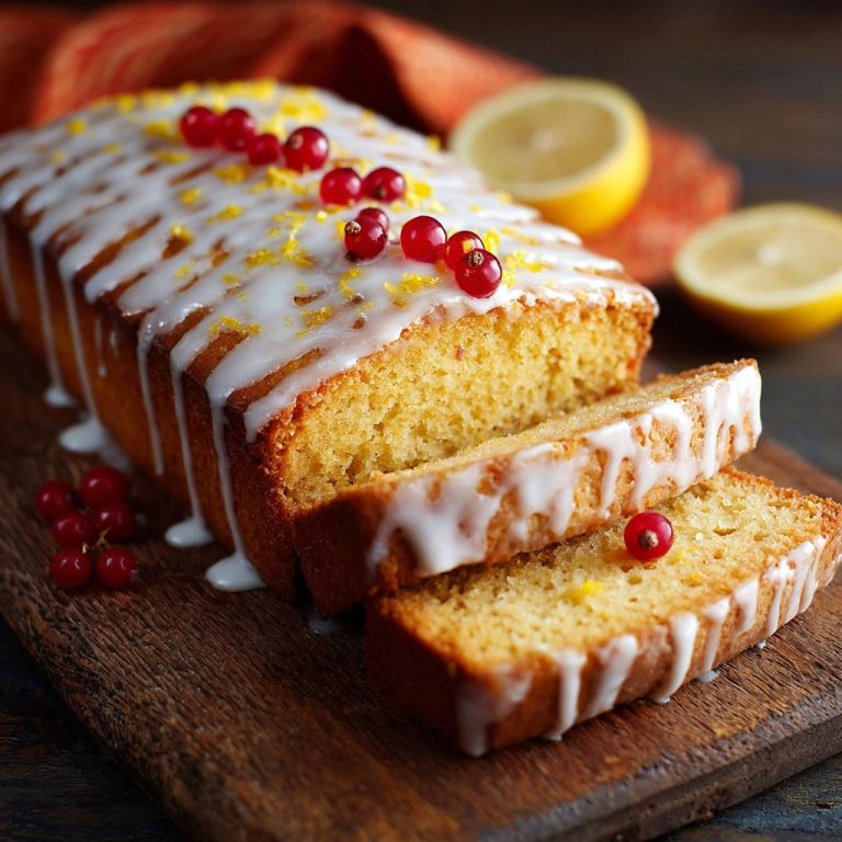 Zitronenkuchen in Kastenform angeschnitten mit Zuckerguss und roten Johannisbeeren dekoriert