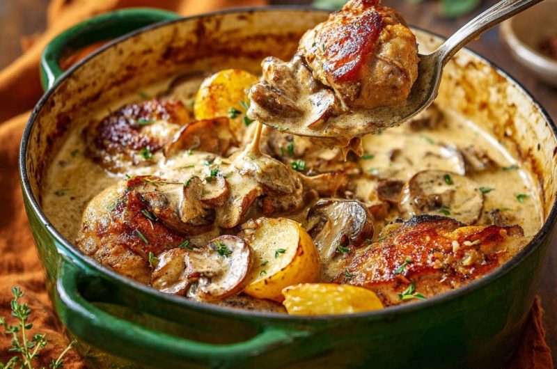 Cremiges Hähnchen mit Pilzen und Kartoffeln aus dem Topf