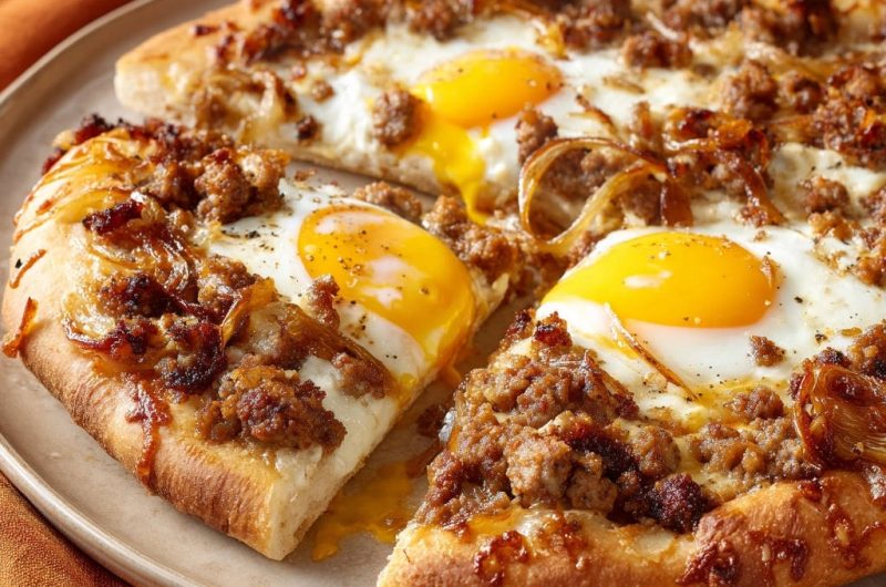 Frühstückspizza mit Wurst und karamellisierten Zwiebeln