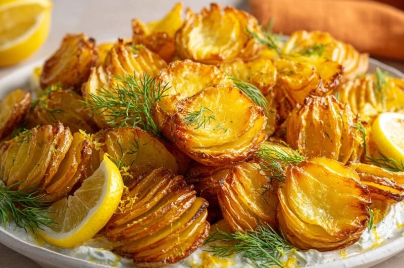 Goldene Fächerkartoffeln mit Zitronen-Dill-Dip