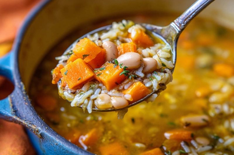 Herbstliche Kürbis-Bohnen-Suppe mit Reis
